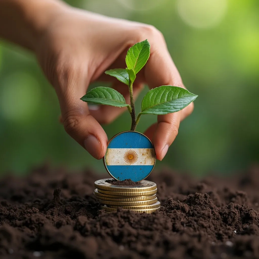 Concepto de finanzas sostenibles en Argentina, mano plantando una moneda que crece como un árbol con la bandera argentina